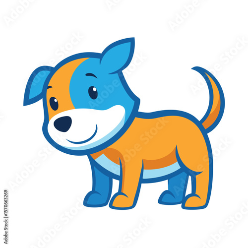 Cute cartoon dog with blue and orange fur standing happily
