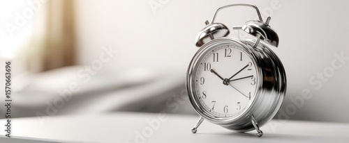 The elegant silver alarm clock resting on a minimalist bedside table.