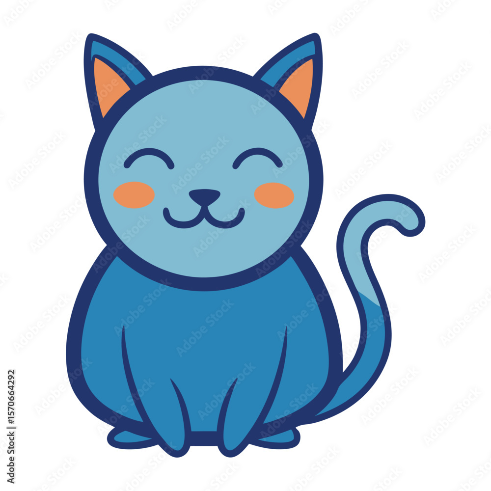 Fototapeta premium Adorable blue cartoon cat sitting happily with orange accents