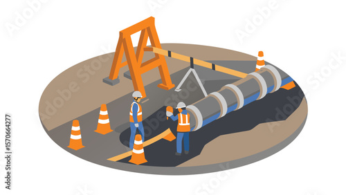 Isometric illustration of construction workers installing a pipeline with safety cones and equipment