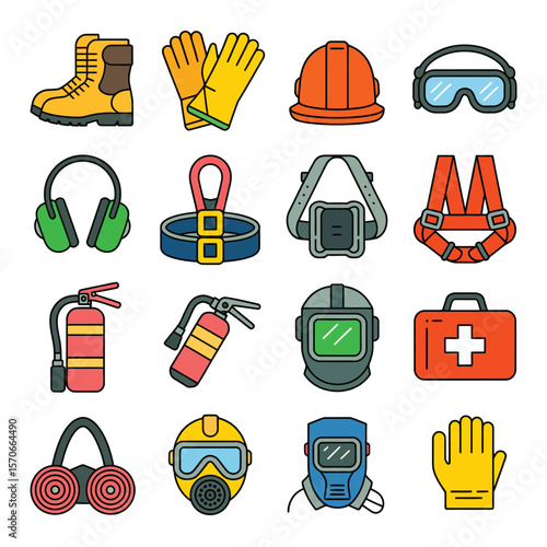 Collection of Fifteen Colorful Line Art Icons Depicting Diverse Safety Equipment Including Boots Gloves Hard Hats Safety Glasses Earmuffs Belts Harnesses Fire Extinguishers Welding Masks