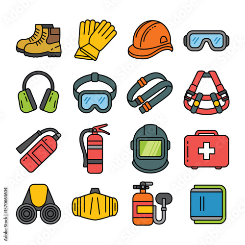 Collection of Fifteen Colorful Line Art Icons Depicting Safety Equipment Including Boots Gloves Hard Hat Goggles Earmuffs Safety Glasses Belts Harness Fire Extinguishers Welding Mask First