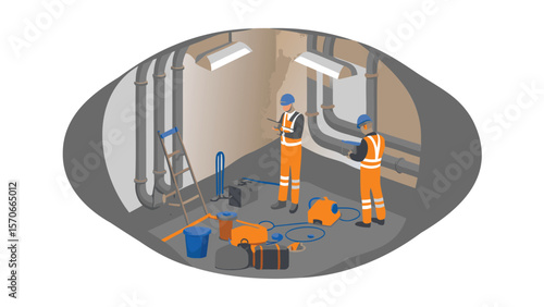 Two workers inspect pipes in a confined space with equipment and ladder in an elliptical view