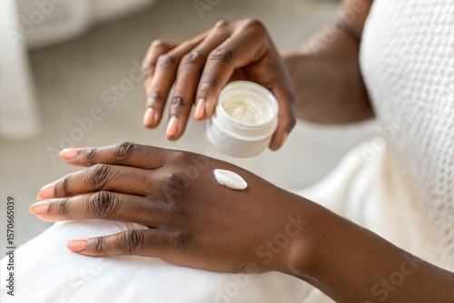 Moisturizing Dark-Skinned Hands – African American Woman Applying Hand Cream, Close-Up