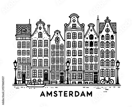 amsterdam houses canal line art vector illustration