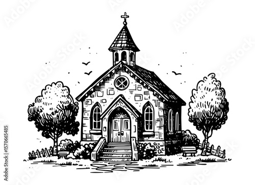 vintage church sketch vector hand drawn illustration