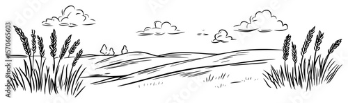 shoreline reeds wetland panorama line art vector landscape