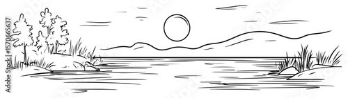 tranquil lake sunset landscape line art vector panorama