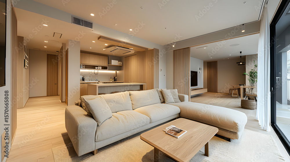 Fototapeta premium Japandi living room interior with cozy beige couch, modern minimalist design of apartment