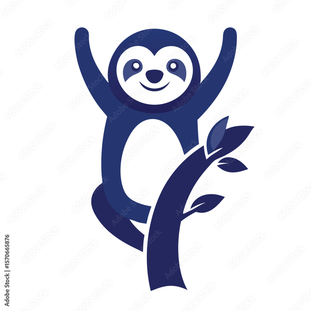 Obraz premium Happy blue sloth swinging on a tree branch with leaves