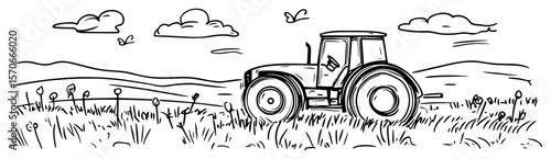 tractor in countryside field line art vector illustration
