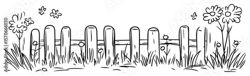 wooden picket fence with flowers line art vector illustration