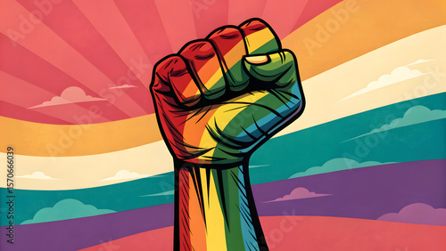 Pride and Unity: A fist is raised high, its colors radiating in a vibrant symbol of pride and unity. The artwork embodies the power of solidarity.