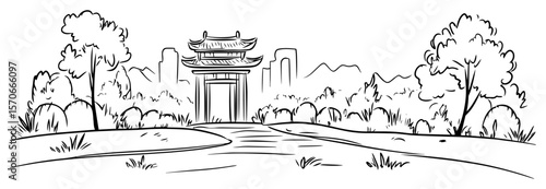 asian garden gate park landscape line art vector illustration