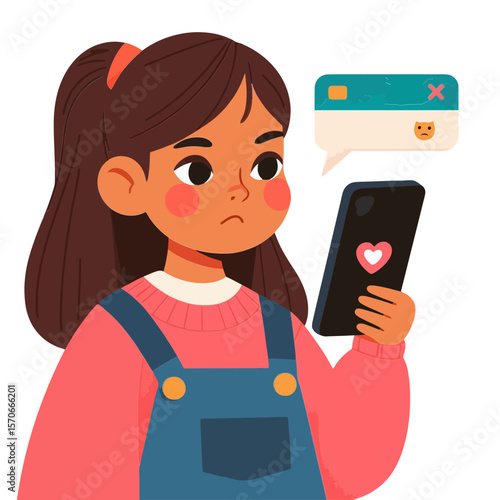 This image of a displeased girl looking at a phone with negative messages is suitable for websites or blogs discussing cyberbullying, internet safety, screen time, or children's emotional well-being.
