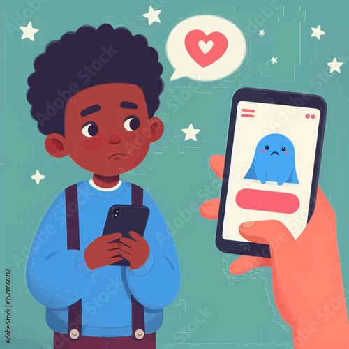 This image of a sad child looking at a phone with a heartbroken emoji is suitable for websites or blogs discussing cyberbullying, screen time, emotional health, and child safety online.

