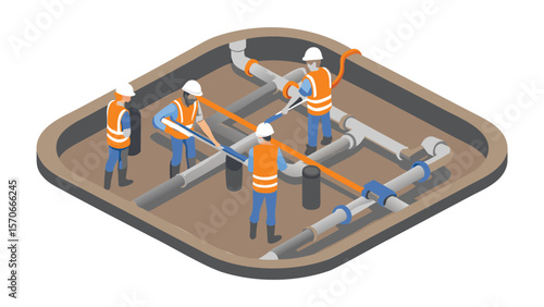 Isometric view of four construction workers installing pipes in a brown container or structure