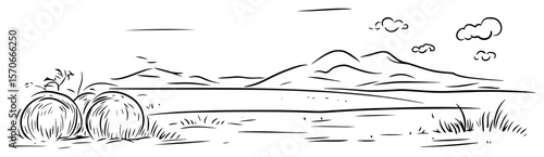 hay bales in field farm landscape sketch vector