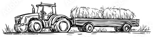 tractor with hay trailer farm sketch vector illustration