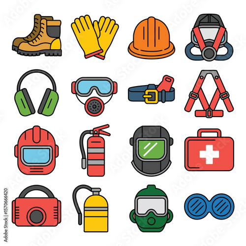Collection of Fifteen Diverse Safety Equipment Icons Featuring Boots Gloves Hard Hats Respirators Earmuffs Goggles Belts Harnesses Welding Helmets Fire Extinguishers First Aid Kits and