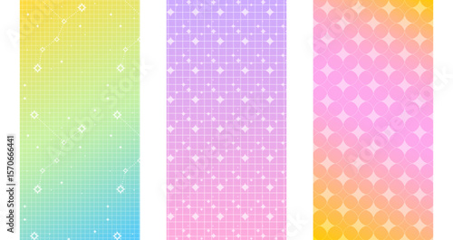 Y2K star pattern set with vibrant backgrounds - pastel colors gradient panel with cosmic constellation chains, rows of sparkles and starbursts. Retro digital aesthetic for dreamy wallpapers.