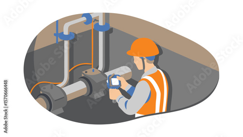 Worker inspecting pipes with a device in an industrial setting with safety gear and visible pipelines