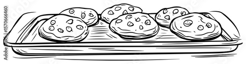 chocolate chip cookies on baking tray line art vector