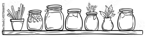 assorted spice jars on kitchen shelf line art vector illustration