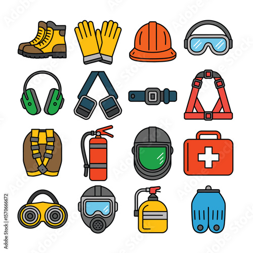 Collection of Fifteen Line Art Safety Equipment Icons Including Boots Gloves Hard Hat Goggles Earmuffs Knee Pads Belt Harness Fire Extinguisher Welding Helmet First Aid Kit Respirator