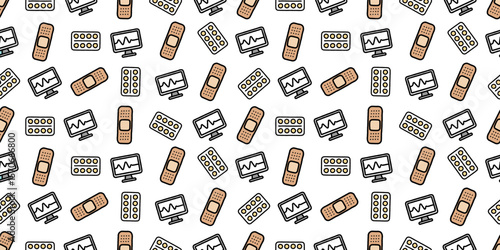 医療アイコンのシームレスパターン・背景素材
Modern Seamless Background Pattern Featuring Medical Icons and Healthcare Equipment in Flat Vector Design