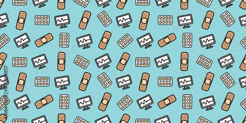 医療アイコンのシームレスパターン・背景素材
Modern Seamless Background Pattern Featuring Medical Icons and Healthcare Equipment in Flat Vector Design