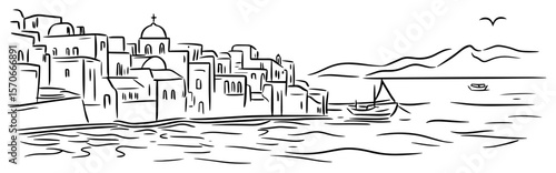 greek island coastal town by the sea sketch vector