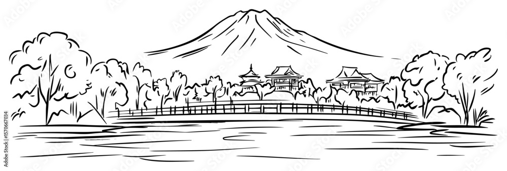 Fototapeta mount fuji with japanese temple and bridge sketch vector
