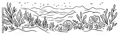 coastal wetland vegetation panorama line art vector landscape