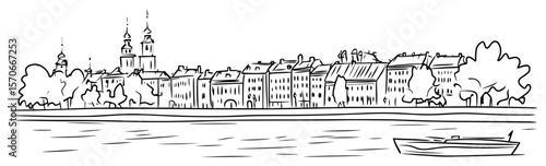 old european city skyline on river sketch vector
