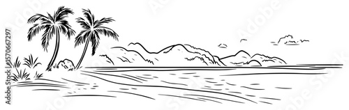 tropical beach with palm trees sketch vector landscape