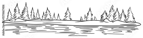 pine forest lakeside line art vector landscape
