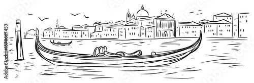 venice gondola lagoon view line art vector illustration