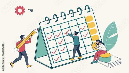 Depicts businesspeople organizing tasks calendar, showcasing productivity