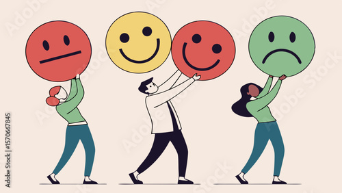 Four individuals express various emotions through large smiley face icons, showcasing feelings