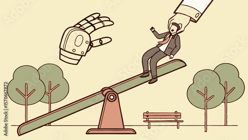 Robot hand lifting businessman on seesaw, symbolizing artificial intelligence, workplace automation, support, and technology-driven innovation