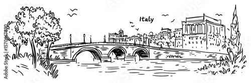 Photography rome cityscape with sant angelo bridge italy sketch vector