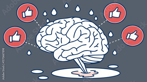 Brain illustration melting under pressure with social media reactions