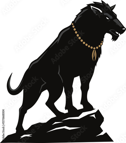 Majestic black beast with golden chain, resembling a stylized wolf or wild dog, standing powerfully on a rocky outcrop – a striking vector for fantasy, gaming, or strong brand identity designs.
