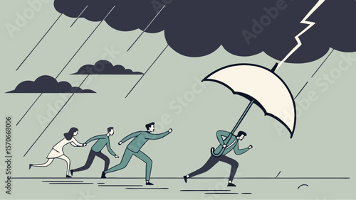 Leader holding umbrella to protect team from storm and lightning, symbolizing leadership, crisis management, business protection, teamwork, and resilience
