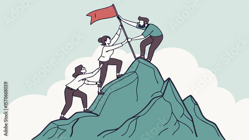 Teamwork and collaboration are essential as businesspeople ascend mountain together