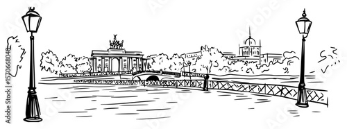 berlin brandenburg gate with street lamps sketch vector