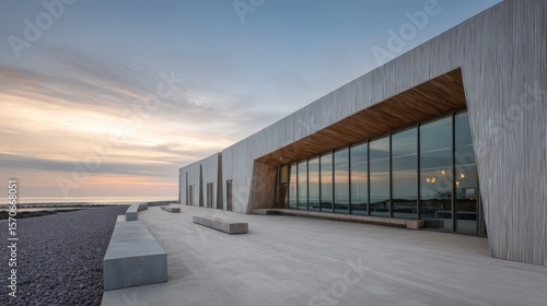 Coastal cinema venue with polished concrete panels driftwood-inspired facade early dawn light with volumetric morning haze soft pastel