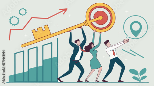 Business team collaborates to achieve success with key symbolizing growth and strategy
