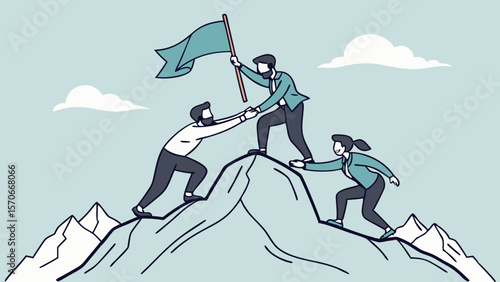 Team of businesspeople collaborates to ascend mountain, symbolizing teamwork and success